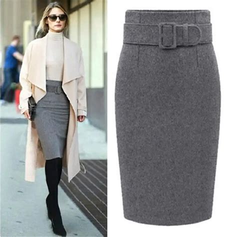 Autumn Winter Woolen Straight Bodycon Skirt Plus Size High Waist Midi Pencil Skirt Women Casual