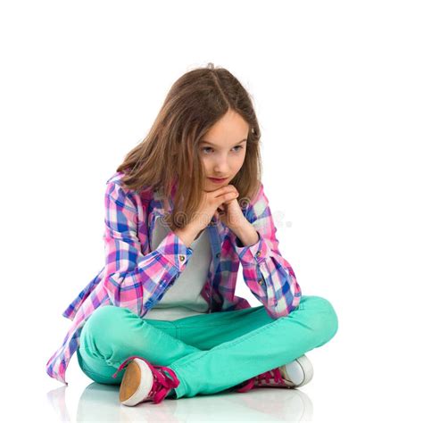 Pensive Little Girl Sitting With Legs Crossed Stock Photo Image Of