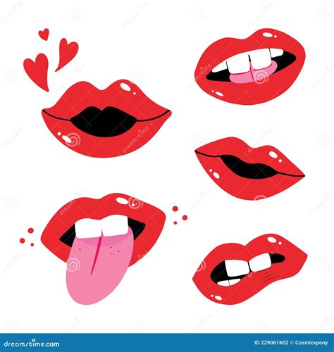 Set Collection Of Vector Red Lips Female Mouth Icons Open Mouths