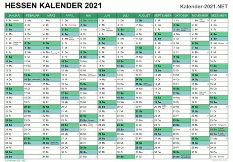 Übersichtlicher jahreskalender von 2021, die daten werden pro monat gezeigt einschließlich der kalenderwochen. Kalender 2021 Hessen