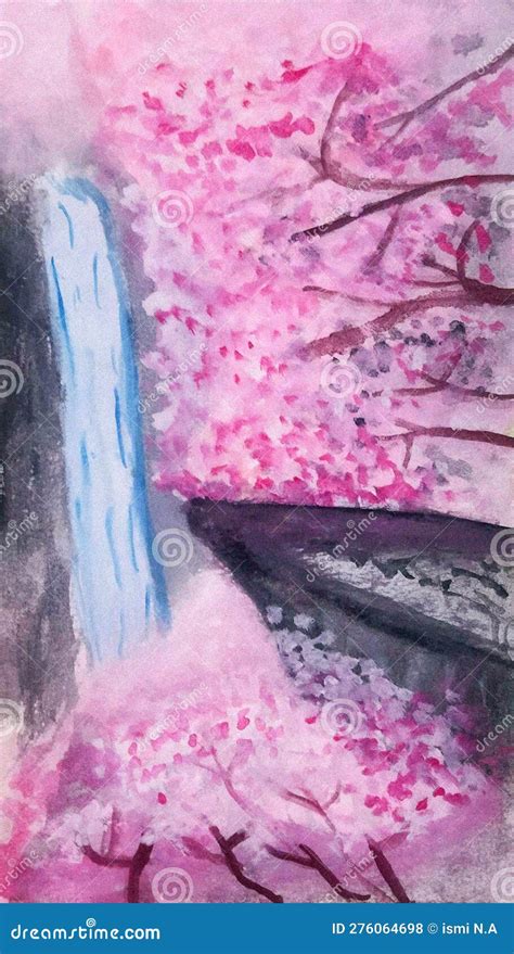 Waterfalls And Pink Cherry Blossom With Watercolor Painting Stock
