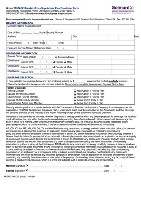 Form Mltrc1001ge Group Tricare Standardextra Supplement Plan Enrollment Form Printable Pdf