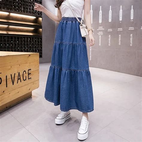 Denim Long Skirt Women 2022 Spring Summer New Korean Style Elastic High Waist Patchwork A Line