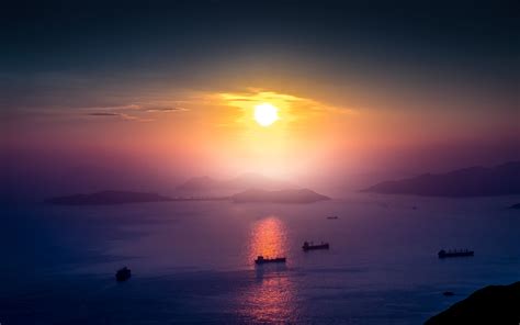 Landscape Sunrise Boat Mist Mountain Horizon 4k