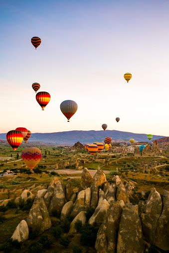 Colorful Hot Air Balloons Before Launch In Goreme National Park