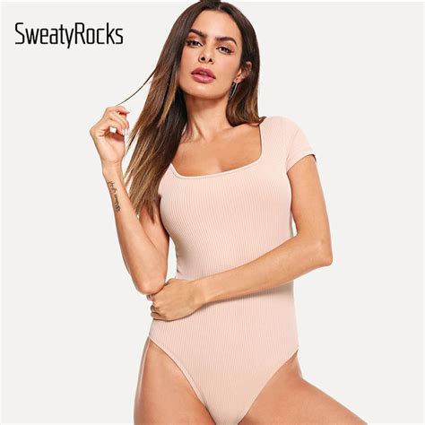 SweatyRocks Solid Rib Knit Skinny Bodysuit Cap Sleeve Square Neck