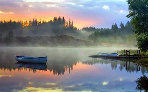 X X Nature Landscape Mist Sunrise Calm Atmosphere Trees Boat Lake Reflection