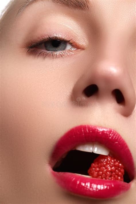 Close Up Of Woman S Lips With Bright Fashion Red Glossy Makeup Macro