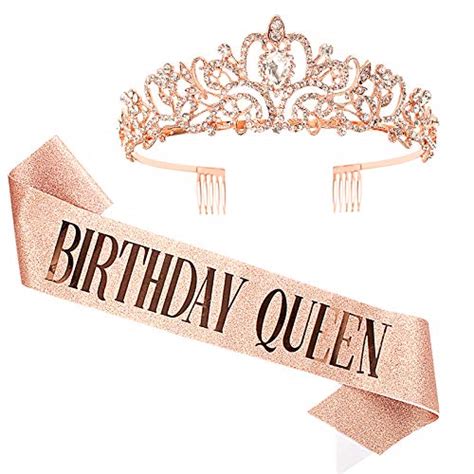 Araluky Rose Gold Birthday Sash And Tiara For Women Glitter Birthday Queen Sash And Tiara For
