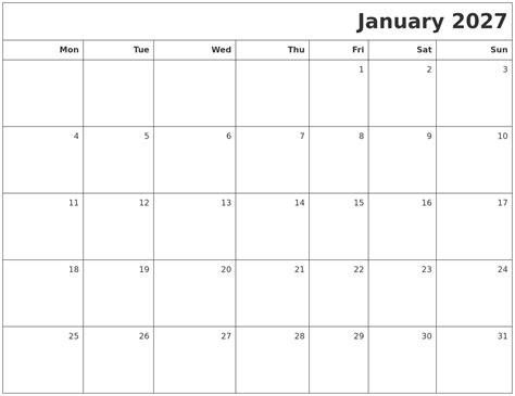 January 2027 Printable Blank Calendar