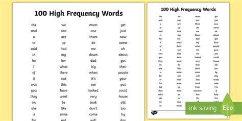 100 High Frequency Words In Order Of Use List Ks1 Resource