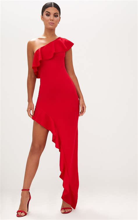 Red One Shoulder Ruffle Detail Asymmetric Maxi Dressdresses