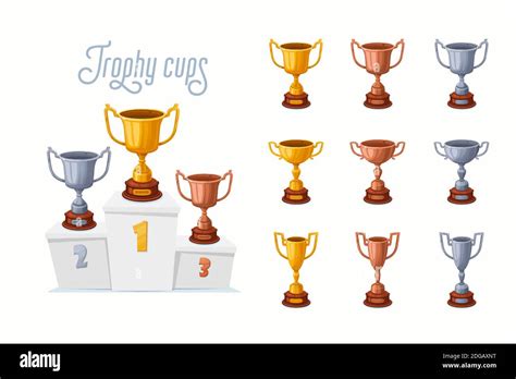 Trophy Cups On A Podium Gold Silver And Bronze Winner Prize Cups Set