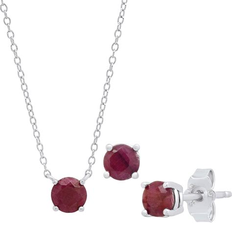 Sterling Silver Round Genuine Ruby Earrings And Pendant Set 18
