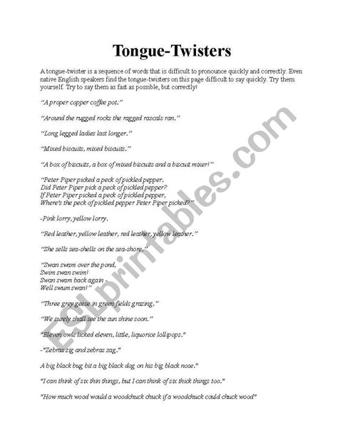 English Worksheets Tongue Twisters