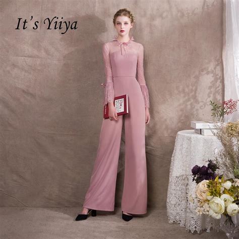 It S Yiiya Pink Ruffle Illusion Lace Long Sleeves Zipper Party Dress Elegant Jumpsuit Formal