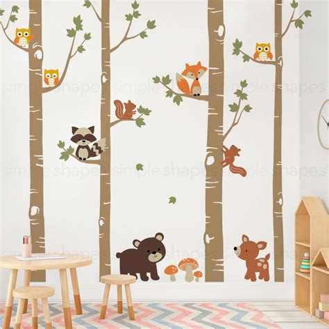 Birch Trees With Cute Forest Animals Wall Decal Birch Tree Nursery
