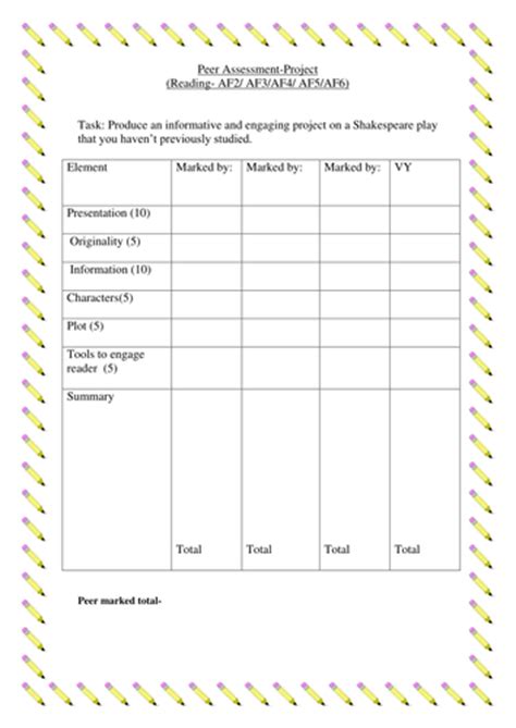 Peer Assessment Grid Template Teaching Resources