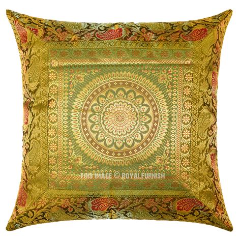 Green Floral Medallion Circle 16x16 Decorative Silk Throw Pillow Case
