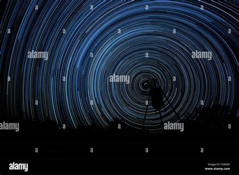 Long Exposure Of Stars Creating Star Trails Stacked Photos Stock Photo