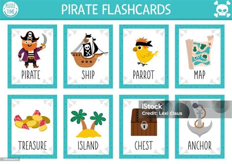 Vector Pirate Flash Cards Set English Language Game With Cute Ship