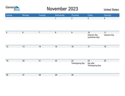 November 2023 Calendar With United States Holidays