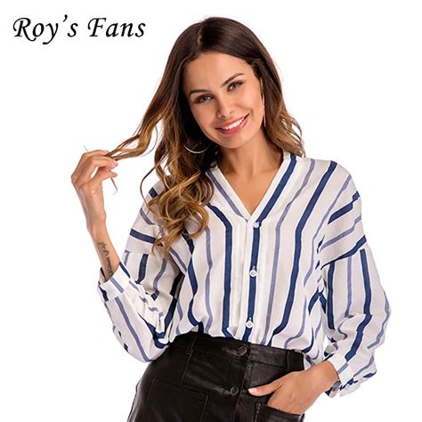 Roys Fans Fashion Women Striped Shirts Long Sleeve V Neck Casual Blouse For Women Buttons Daily