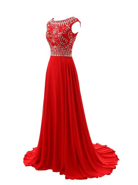 Red Prom Dresses Elegant Evening Dresses Long Formal Gowns Beading Party Dresses Chiffon Pageant