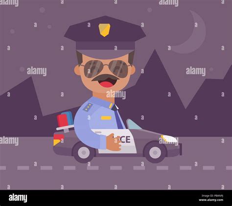 Happy Comic Policeman In A Police Car At Night Flat Design Cartoon