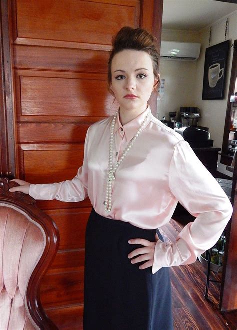 pink satin vintage blouse with pearls