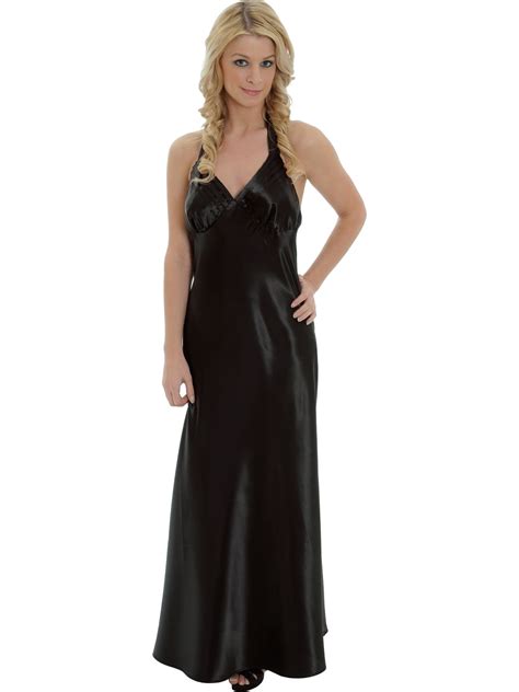 Elegant Moments Beautiful Black Satin Charmeuse Nightgown Halter Gown