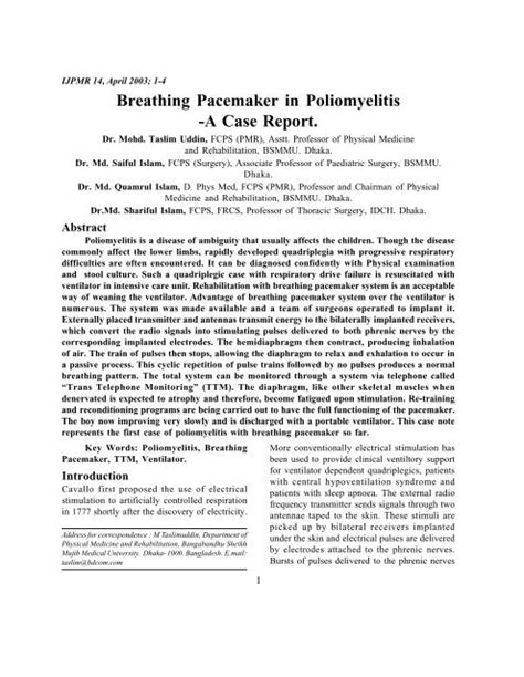 Breathing Pacemaker In Poliomyelitis A Case Report Dr Ijpmr
