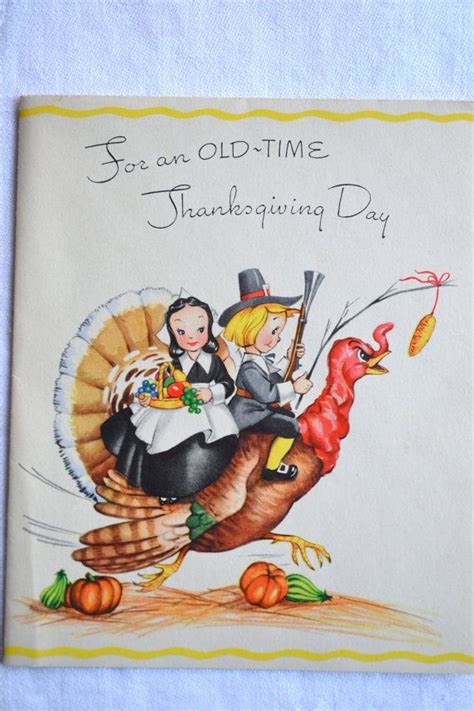 vintage thanksgiving card pilgrims riding turkey 1940s etsy vintage thanksgiving retro
