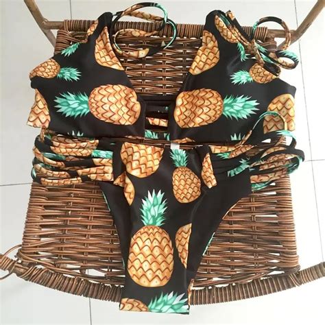 Sexy Reversible Brazilian Bikini Bottoms Pineapple Swimsuit Mesh Tanga