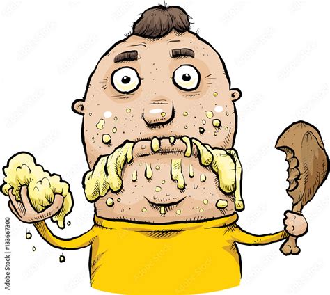 A Sloppy Cartoon Man Eating A Messy Meal With Food Dripping From His