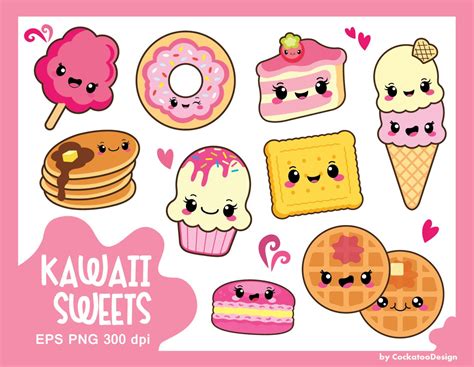 Kawaii clipart, kawaii sweets clipart, kawaii food clipart, cake clipart, donut clipart, macaron 