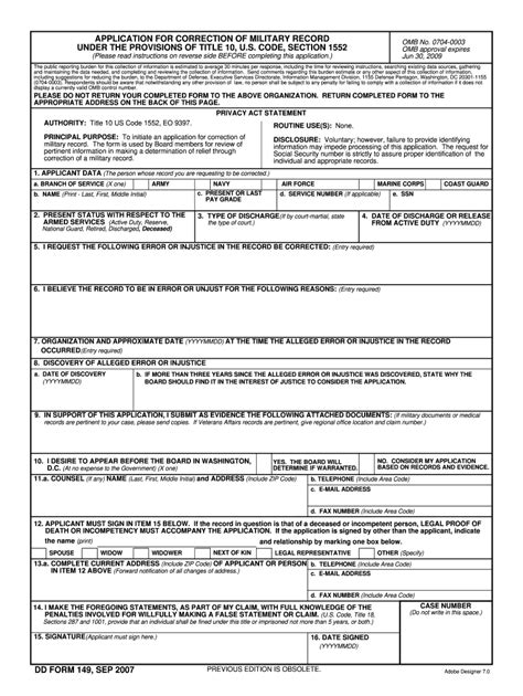 Dd Form 149 Sep 2007 Application For Correction Of Fill And Sign Free