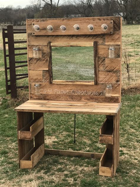 A room filled with shoes, chocolates, a magic stick to make all cellulite go away, a slim, fit body, and a makeup vanity. Rustic Lit Pallet Makeup Vanity • 1001 Pallets | Diy pallet projects, Pallet vanity, Pallet crafts