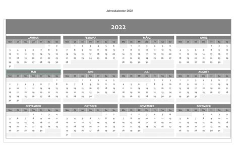 Excel Jahreskalender 2022