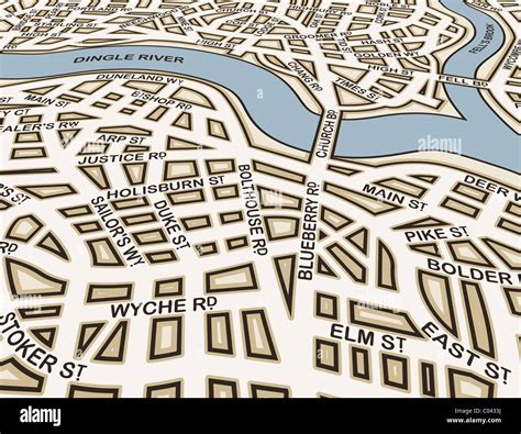 Illustrated Street Map Of An Angled Generic City With Street Names