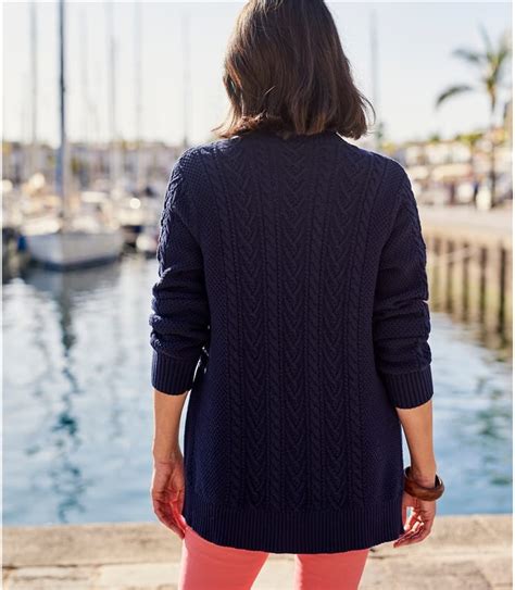 Navy Womens Cable High Neck Button Cardigan Woolovers Us