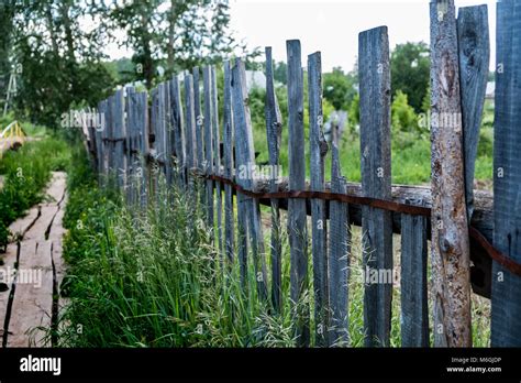 Overgrown With Greenery Old Wooden Fence Rural Scene Stock Photo Alamy