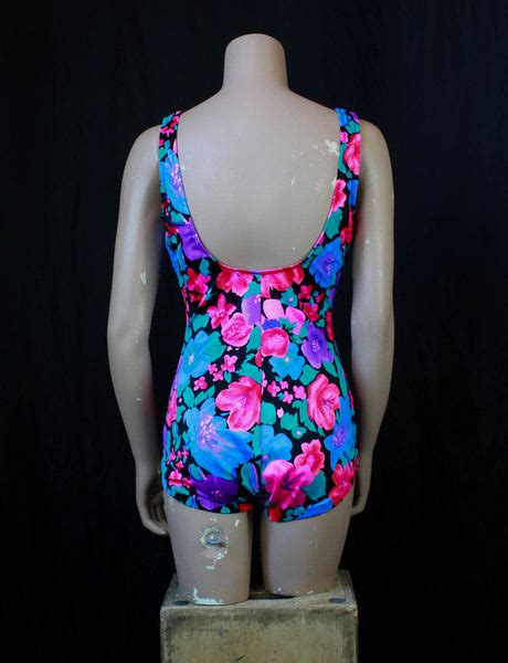 Womens Vintage 80s Floral Bathing Suit One Piece Swim Ware Large Black Shag Vintage
