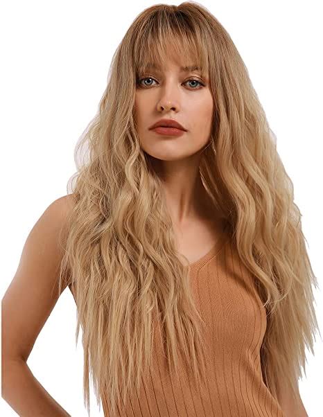 natural long wavy synthetic wig ombre blonde heat resistant hair wigs with bangs for women