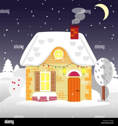 Flat Style Winter House Cottage Vector Illustration Snowfall