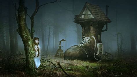 Two Girls Boot House Forest Wallpaper Fairy Tales Fantasy Forest