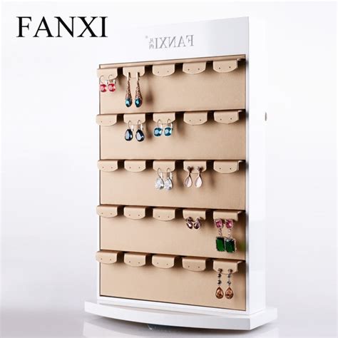 Free Shipping Pu Leather Rotating Earring Display Holder Jewelry Wood