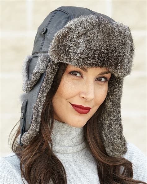 Ladies Black Leather Rabbit Fur Trapper Hat