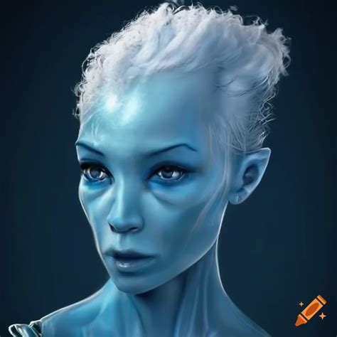 Character Design Of A Blue Skinned Alien Woman With White Hair On Craiyon