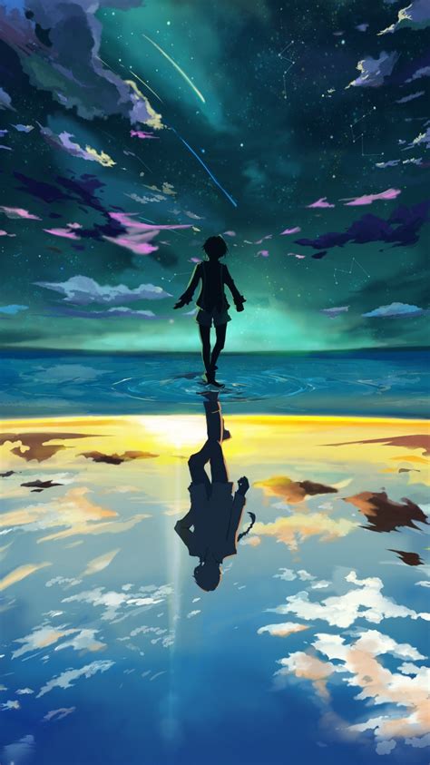Wallpaper Anime Boy Clouds Water Floating Scenic Stars Reflection